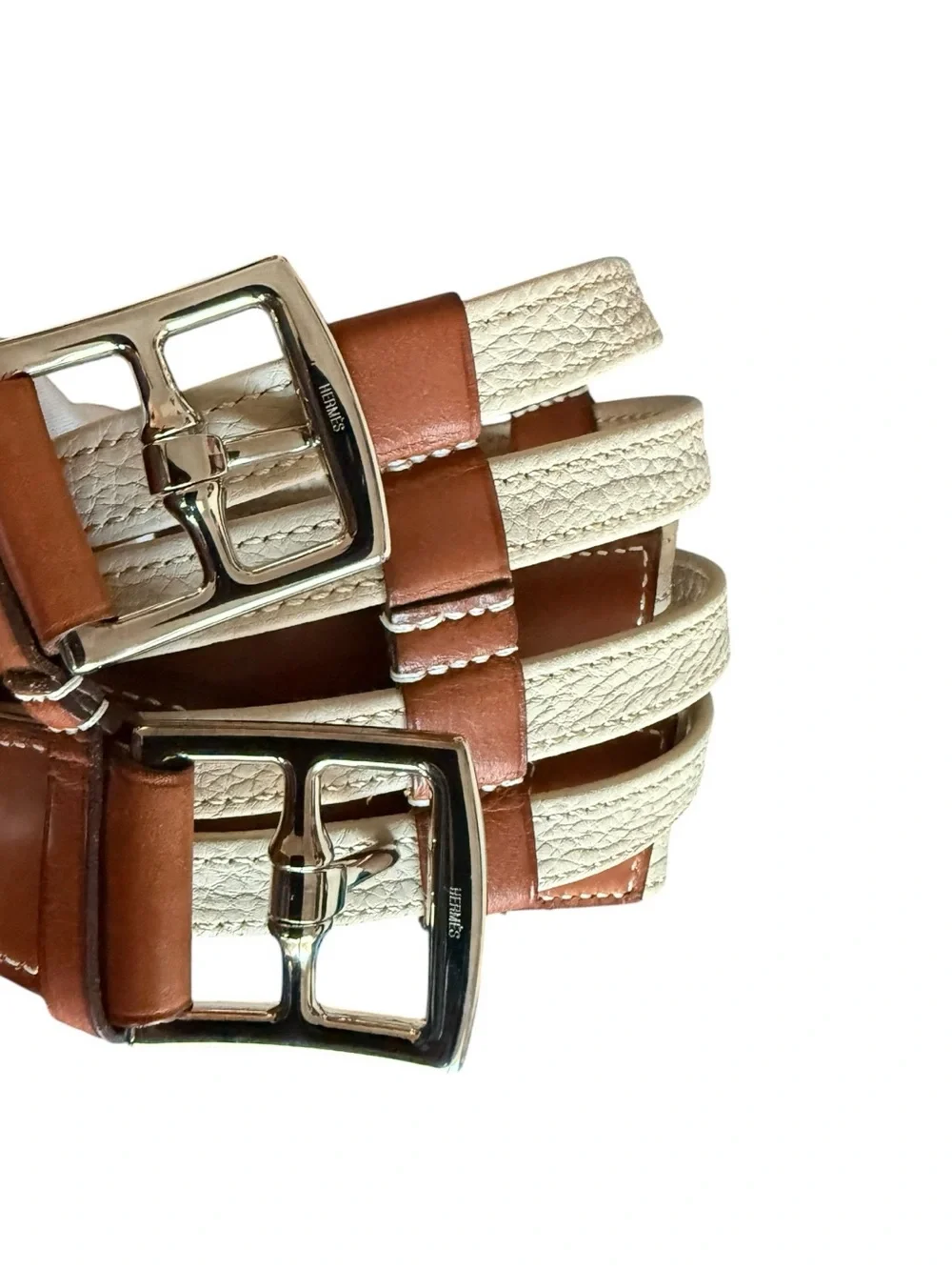 Hermes Two-Tone 2009 Leather Etriviere Double-Strap Belt Sz 31in/80cm (Medium) Hermes Two-Tone 2009 Leather Etriviere Double-Strap Belt Sz  main image 2